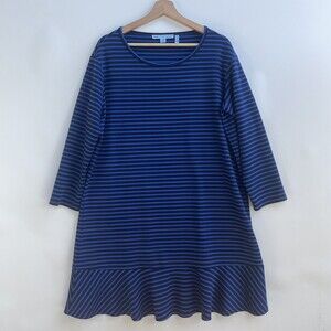 DRAPER JAMES Blue Black Stripe Ruffle Hem Shift Pullover Dress Womens Sz Large